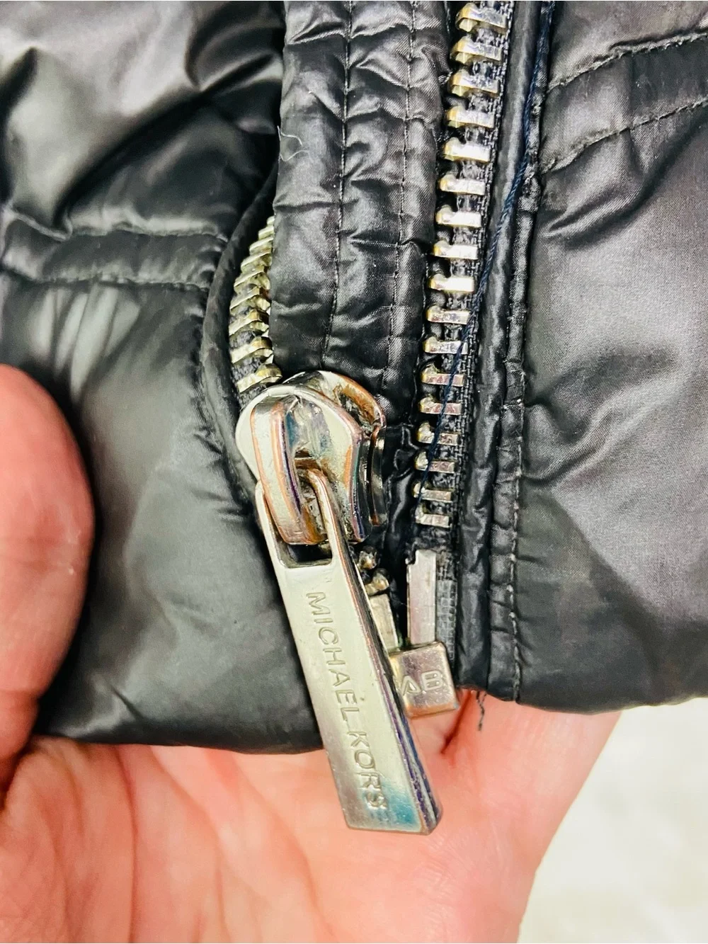 Michael Kors Black Quilted Long Puffer Coat with Faux Fur Hood size Medium